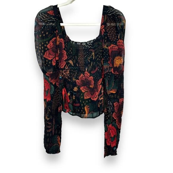 FARM Rio NWT Black River Creatures Smocked Floral Chiffon Sheer Blouse XS - Picture 3 of 10
